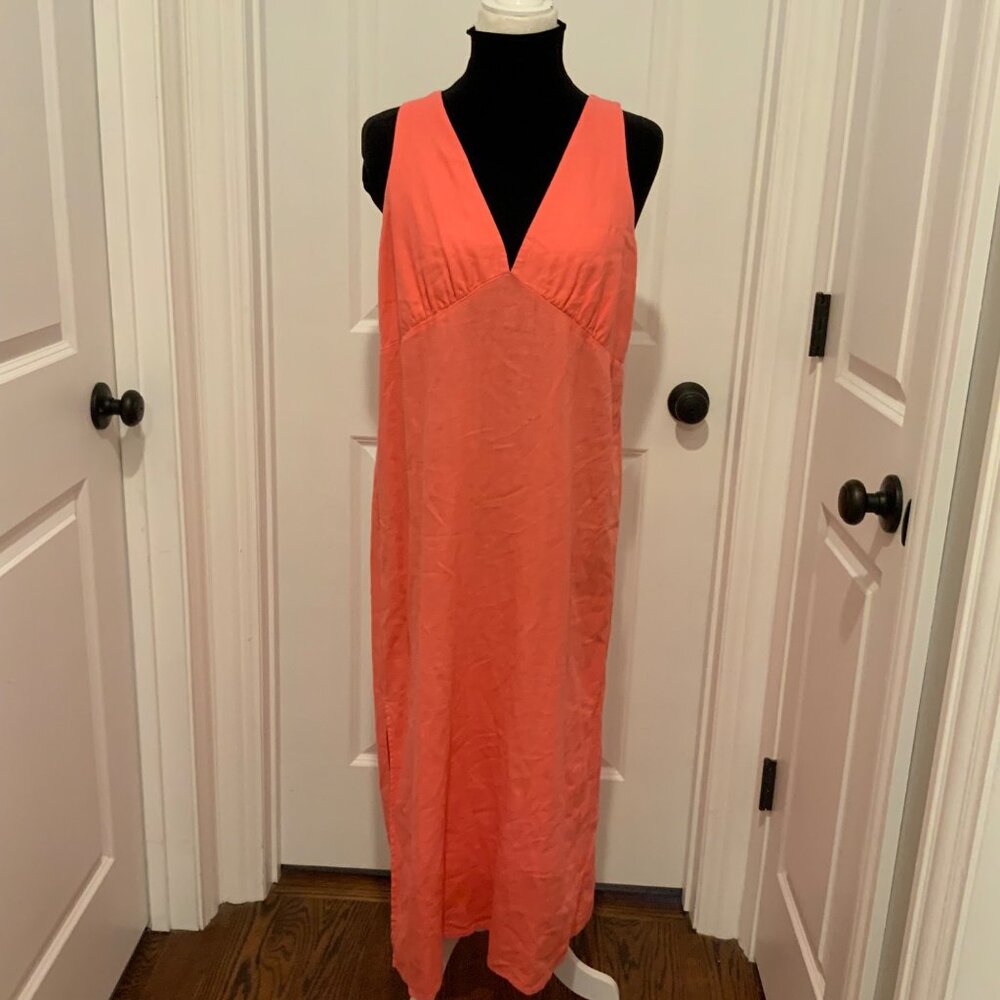 Old Navy Coral Pink V Neck Smocked Back Linen Blend Dress Large - Picture 3 of 12